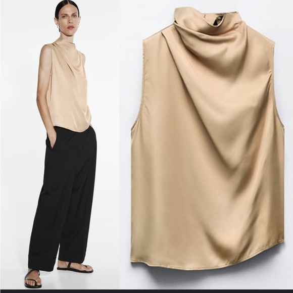 Zara Tops - Zara Iridescent Beige /Tan/Gold SATIN Top
Sleeveless top with draped